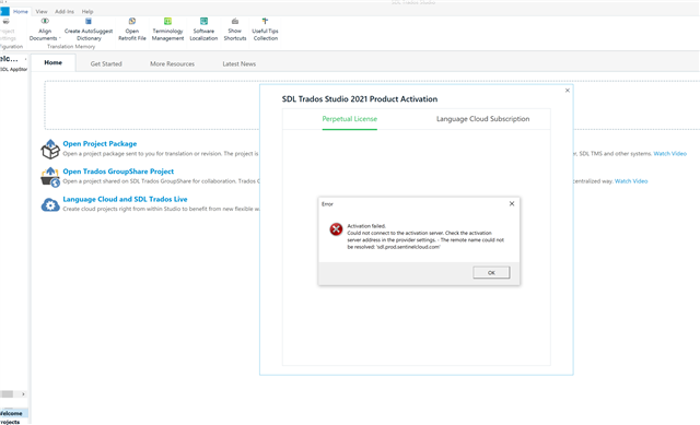 SDL Trados Studio 2021 Product Activation window with an error message 'Activation failed. Could not activate the activation server. Check the activation code or contact your system administrator.'