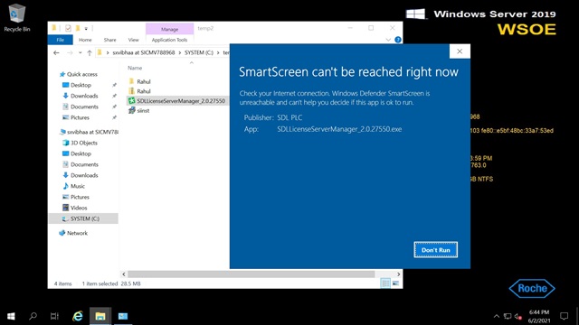 Error message on Windows Server 2019 stating 'SmartScreen can't be reached right now' while trying to run SDL License Server Manager installer.