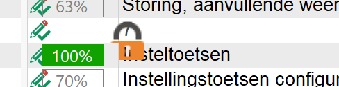 Close-up of Trados Studio interface highlighting a single file with a 100% complete status bar and an oversized orange lock icon indicating settings.