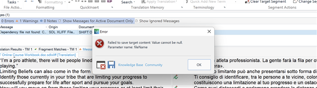 Trados Studio error message popup reading 'Failed to save target content: value cannot be null. Parameter name: fileName' with an OK button.