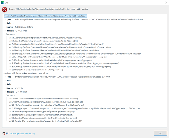 Error message in Trados Studio stating 'Service Sdl.TranslationStudio.AlignmentEditor.IAlignmentEditorService' could not be started.