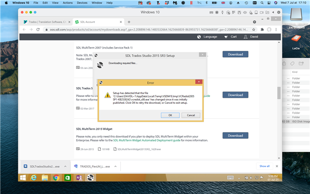 Error message during Trados Studio 2015 SR3 setup on Windows 10, stating 'Setup has detected that the file C:UsersDavidAppDataLocalTempVSD39E4.tmpDotfuscatorCommunityEditionVS2015msi' has changed since it was initially published. Click OK to retry the download, or Cancel to exit setup.