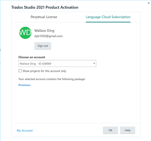 Trados Studio 2021 Product Activation window showing two tabs: Perpetual License and Language Cloud Subscription. The Language Cloud Subscription tab is selected, displaying a user's name, email, and account ID with a Premium package. No 'Activate' button is visible.