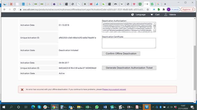 Screenshot of Trados Studio license deactivation page showing two activation dates, unique activation IDs, and activation states. A deactivation certificate is visible, and an error message at the bottom reads 'An error has occurred with your offline deactivation. If you continue to have problems, please issue a support request.' The 'Confirm Offline Deactivation' and 'Generate Deactivation Authorization Ticket' buttons are also shown.
