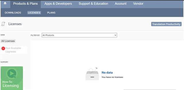 Trados Studio account page showing 'No data' under the Licenses tab with a message 'You have no licenses'.
