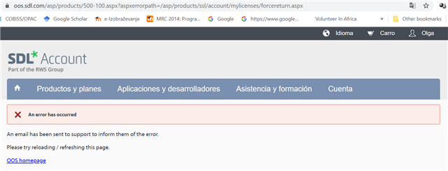 Screenshot of Trados Studio license error message on SDL Account webpage, with a red error box stating 'An error has occurred' and instructions to reload the page.