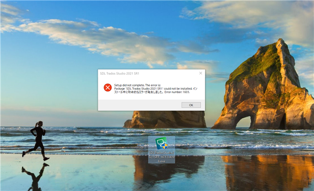 Error message during Trados Studio 2021 installation stating 'Setup did not complete. The error is: Package 'SDL Trados Studio 2021 SR1' could not be installed. Error number: 1603.' with an OK button.
