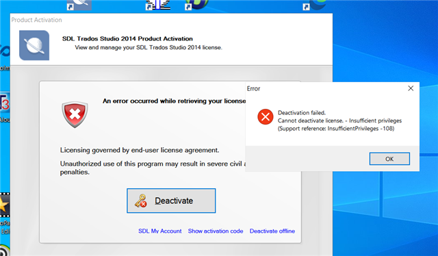 SDL Trados Studio 2014 Product Activation window with an error message stating 'An error occurred while retrieving your license' and a Deactivate button below.