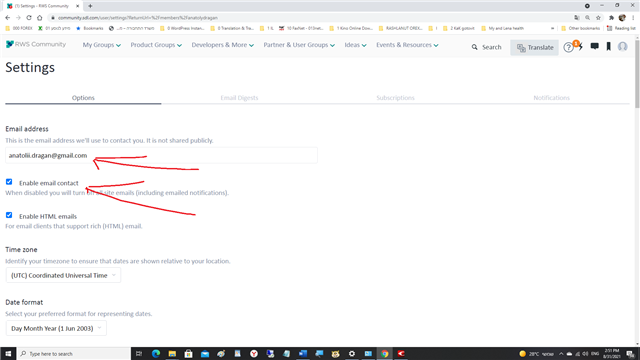 Screenshot of Trados Studio settings page with 'Enable email contact' option circled in red, indicating a possible error or warning.