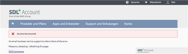 SDL Account webpage with an error message displayed in a red box stating 'An error has occurred' and advising to reload the page.