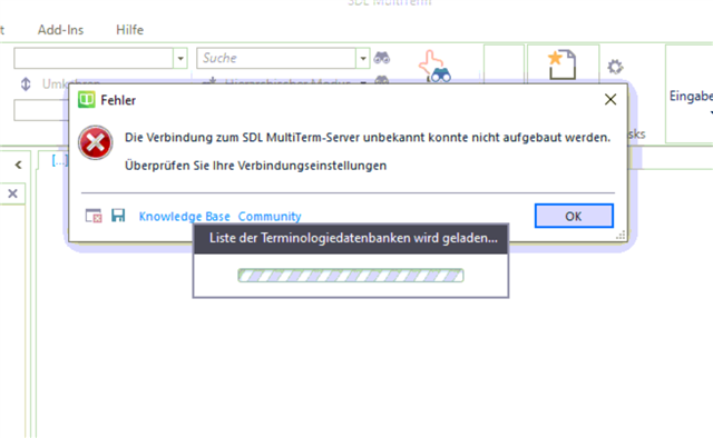 Error message in Trados Studio stating 'The connection to the SDL MultiTerm-Server could not be established. Check your connection settings.' with an OK button.