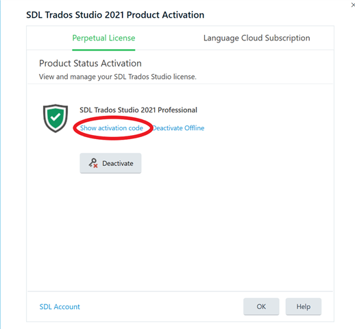 SDL Trados Studio 2021 Product Activation window with 'Show activation code' button and 'Deactivate' option visible.