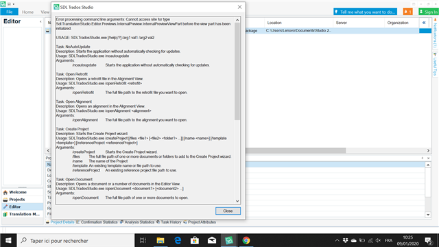 Trados Studio log showing a list of tasks with details and error messages such as 'Cannot access files for type' and 'Failed to initialize Studio'.
