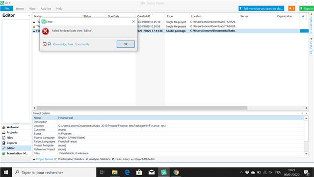 Trados Studio error message: 'Failed to deactivate view Editor'.