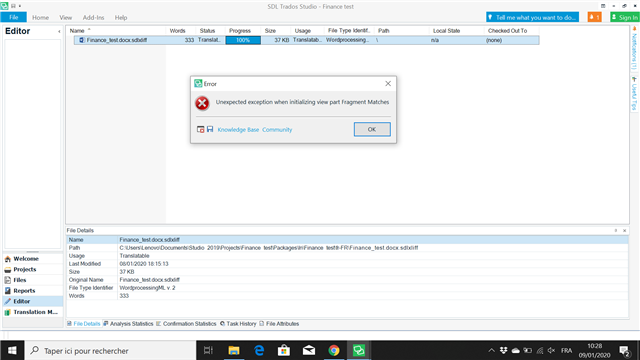 Trados Studio error message: 'Unexpected exception while initializing view part fragment Matches'.