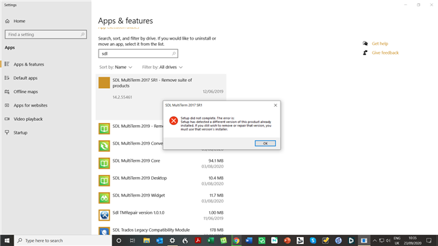 Error message during uninstallation of SDL Multiterm 2017 - SR1, stating 'Setup has detected that the version of the product already installed is not compatible with the version of the product that you are about to install.'