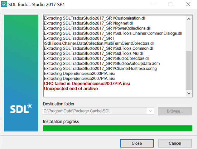 Installation error for SDL Trados Studio 2017 SR1 showing 'CRC failed in Dependencieso2007PIA.msi Unexpected end of archive' with a list of extracted files above the error message.