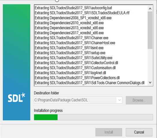 Installation progress window for SDL Trados Studio 2017 showing files being extracted to the destination folder C:ProgramDataPackage CacheSDL.