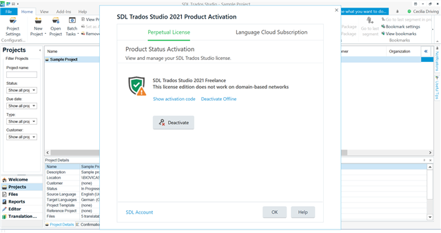 Trados Studio activation window showing a warning message 'This license edition does not work on domain-based networks' with a deactivate button.