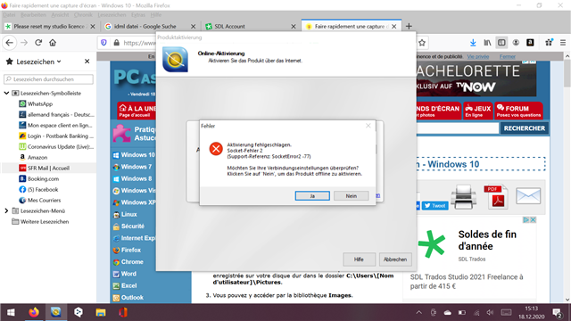 Error message on Trados Studio activation window stating 'Activation failed. Socket Error # 10060 Connection timed out. Have you updated the usage conditions? You can also activate offline.' with Yes and No options.