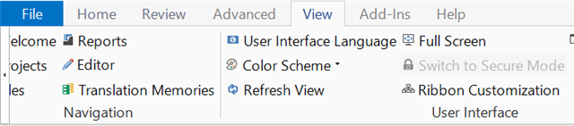 Trados Studio screenshot showing the View tab with options including User Interface Language, Color Scheme, and Refresh View.