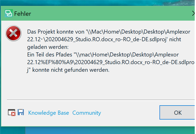 Error message in Trados Studio stating 'The project could not be loaded from the specified path on Mac desktop. Part of the path could not be found.' with options for Knowledge Base, Community, and OK button.