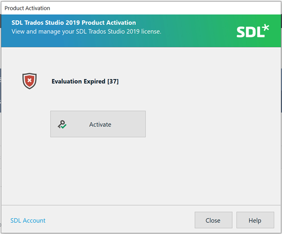 SDL Trados Studio 2019 Product Activation window showing an error message 'Evaluation Expired 37' with an activate button below.
