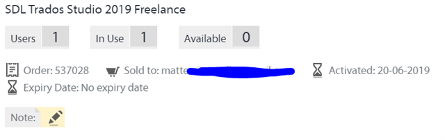 SDL Trados Studio 2019 Freelance license details showing 1 user, in use 1, available 0, order number, sold to a blurred out name, activated date as 20-06-2019, and no expiry date.