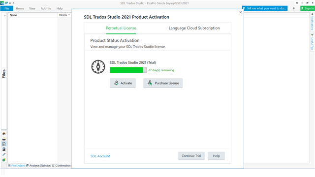 SDL Trados Studio 2021 Product Activation window showing a perpetual license and language cloud subscription with options to activate or purchase a license. A trial version with 27 days remaining is highlighted.