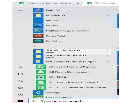 Screenshot of a Windows start menu with a list of programs including SDL Trados Studio 2017 and other SDL related software.