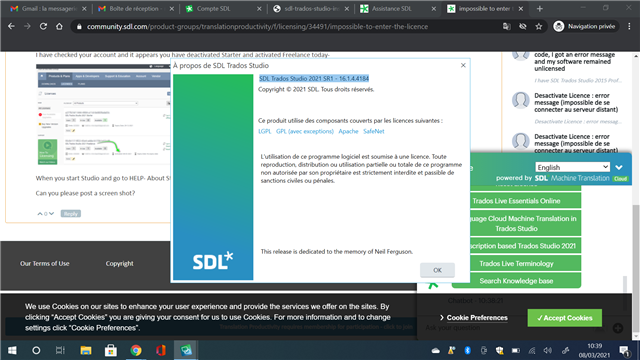 Screenshot of Trados Studio 'About' window showing version number 2021 SR1 - 16.1.6.4096 and a message indicating the software is dedicated to the memory of Neil Ferguson.