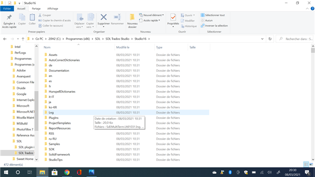 Screenshot of Trados Studio 16 file explorer window showing a list of .dll files and other folders within the Studio16 directory.