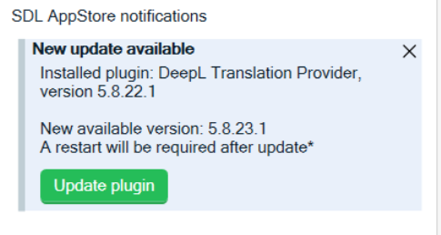 SDL AppStore notifications window showing a new update available for the DeepL Translation Provider plugin with an 'Update plugin' button.