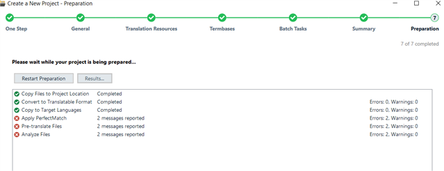 Screenshot of Trados Studio project preparation window showing tasks with 'Completed' status but 'Apply PerfectMatch' and 'Analyze Files' have 2 messages reported each.