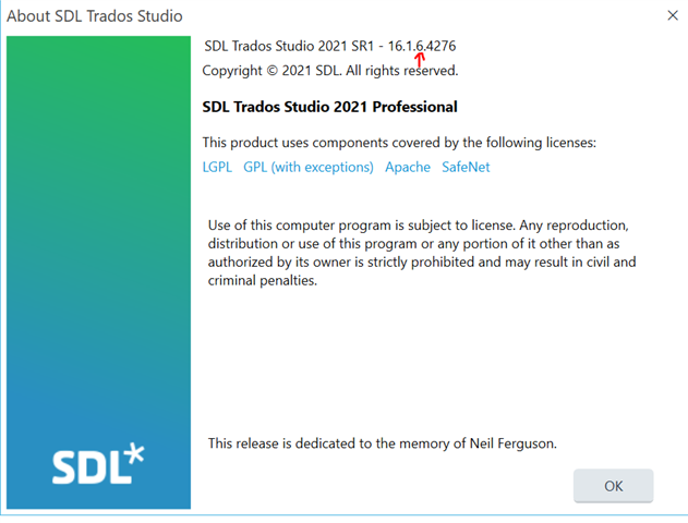 Screenshot of the 'About SDL Trados Studio' window showing the version number 2021 SR1 - 16.1.6.4276, indicating the CU is 6.
