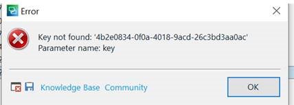 Error message window showing 'Key not found' with a specific key code and parameter name 'key'.