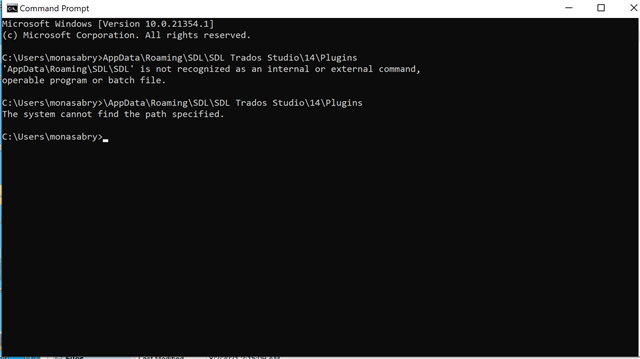 Command Prompt window showing error message 'SDL SDL Trados Studio 14 Plugins is not recognized as an internal or external command, operable program or batch file. The system cannot find the path specified.'