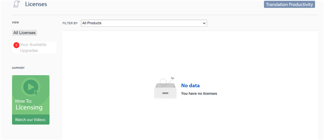 Trados Studio license management screen showing no licenses available with a 'No data' message and an icon of a file with a sad face.