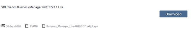 Screenshot of SDL Trados Business Manager v2019.5.3.1 Lite download page with a 'Download' button.