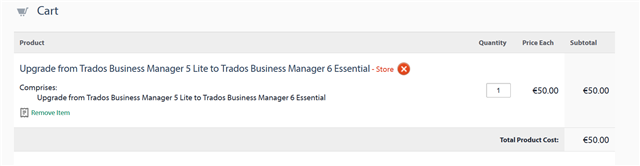 Screenshot of a shopping cart with 'Upgrade from Trados Business Manager 5 Lite to Trados Business Manager 6 Essential' listed as a product.