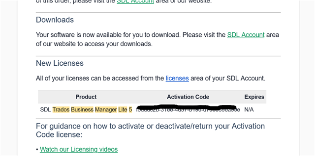 Screenshot of an email confirming the user has a license for SDL Trados Business Manager Lite 5 with an activation code and no expiration date.