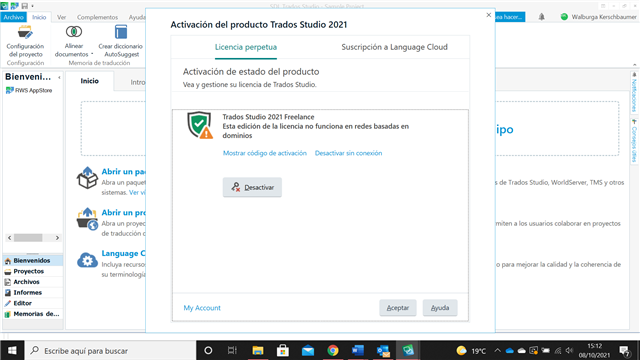 Trados Studio 2021 activation window showing a warning message that the Freelance edition license does not work on domain-based networks.