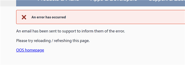 Error message on a webpage with a red error icon stating 'An error has occurred'. Instructions to reload the page and a link to the OOS homepage are provided.