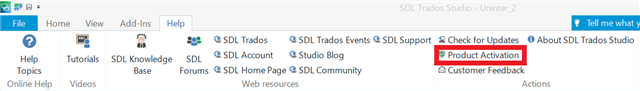 Trados Studio ribbon menu with 'Help' tab expanded showing 'Product Activation' highlighted in red.