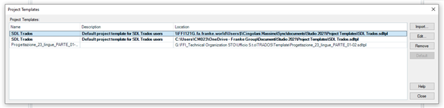 Trados Studio Project Templates window showing two entries with names 'SDL Trados' and 'SDL Trados' and their respective locations in file paths.