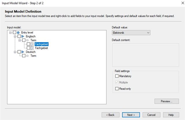 Input Model Wizard showing 'Fachgebiet' field with 'Elektronik' as the default value in the 'Default value' dropdown menu.