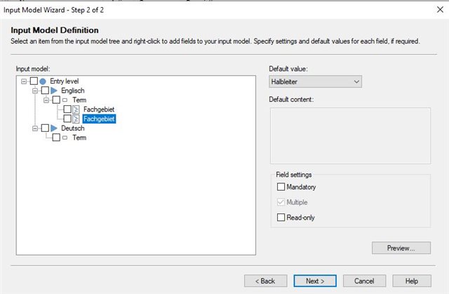 Input Model Wizard showing 'Fachgebiet' field with 'Halbleiter' as the default value in the 'Default value' dropdown menu.