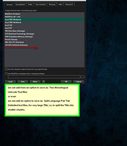 Screenshot of MultiTerm Ideas software showing a dropdown menu for output format selection with options like Excel, TMX, and CSV highlighted, and a text box below suggesting additional features for monolingual text file export.