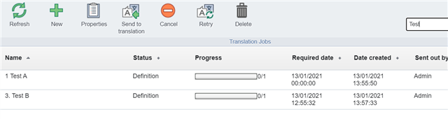 Screenshot after applying filter, showing only two Translation Jobs named Test A and Test B, both in 'Definition' status with no progress.