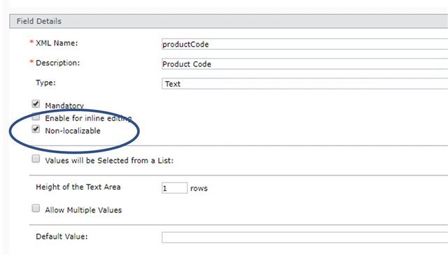 Tridion Sites Ideas schema configuration interface showing a field detail section with 'Non-localizable' checkbox circled, indicating the field is set to be non-editable in localized components.